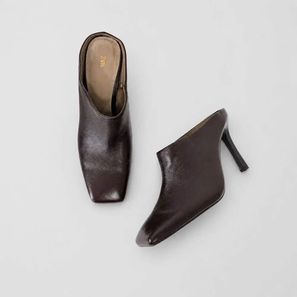 Zara Leather Mules with Square Toe Womens EU40/US9 Brown/Wine Slip On Heels